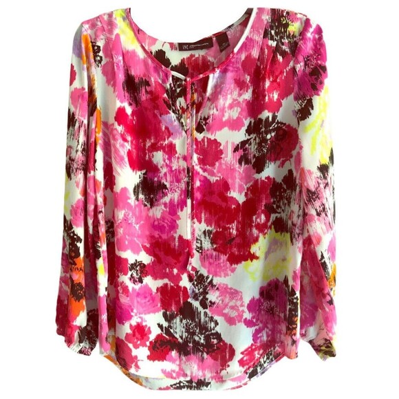 INC Long Sleeves Top Petite M Colorful Floral Watercolor Keyhole Tie Neck Blouse - Picture 1 of 8